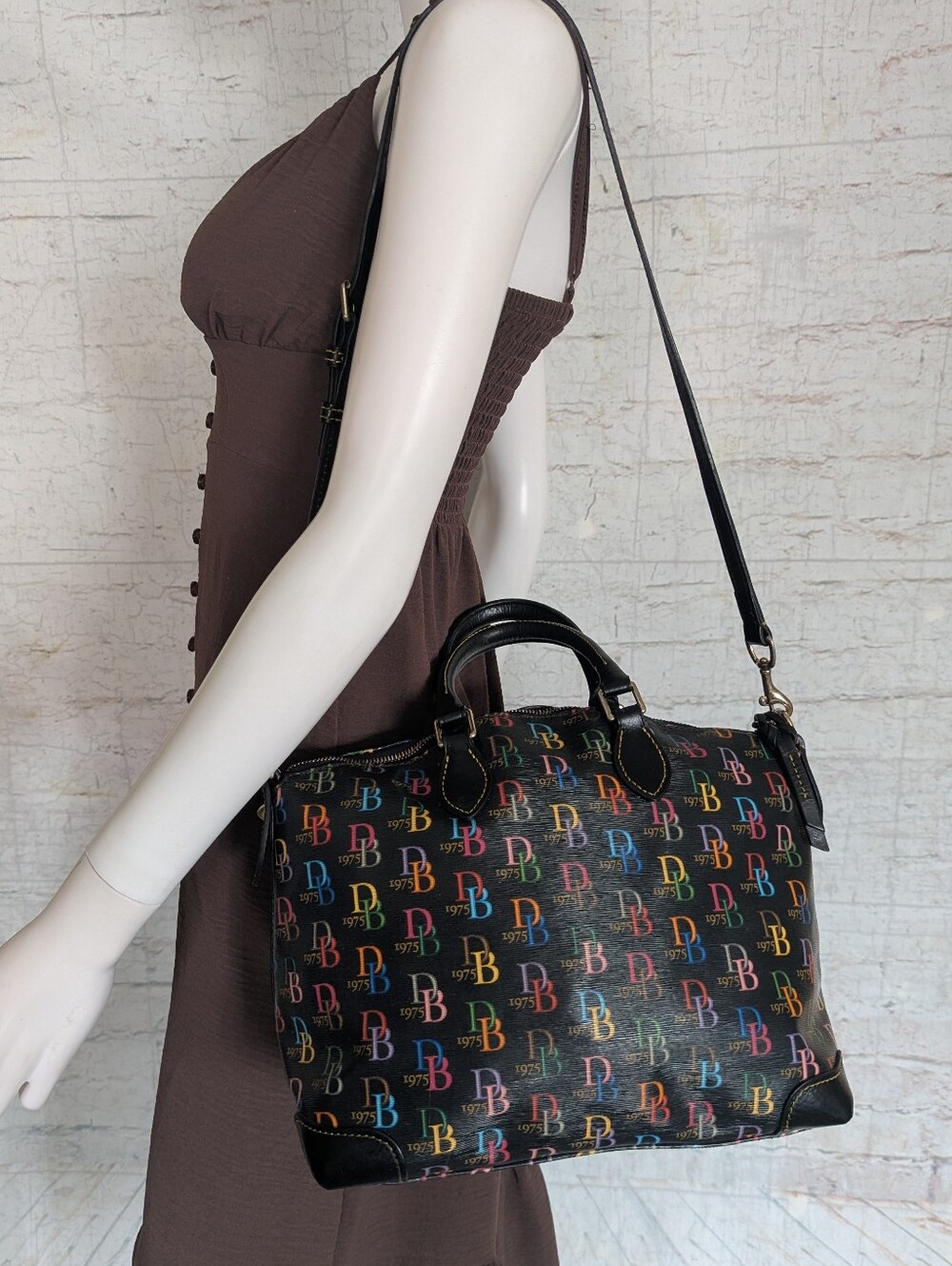 Dooney & Bourke Black Satchel with Multicolor DB Logo Print